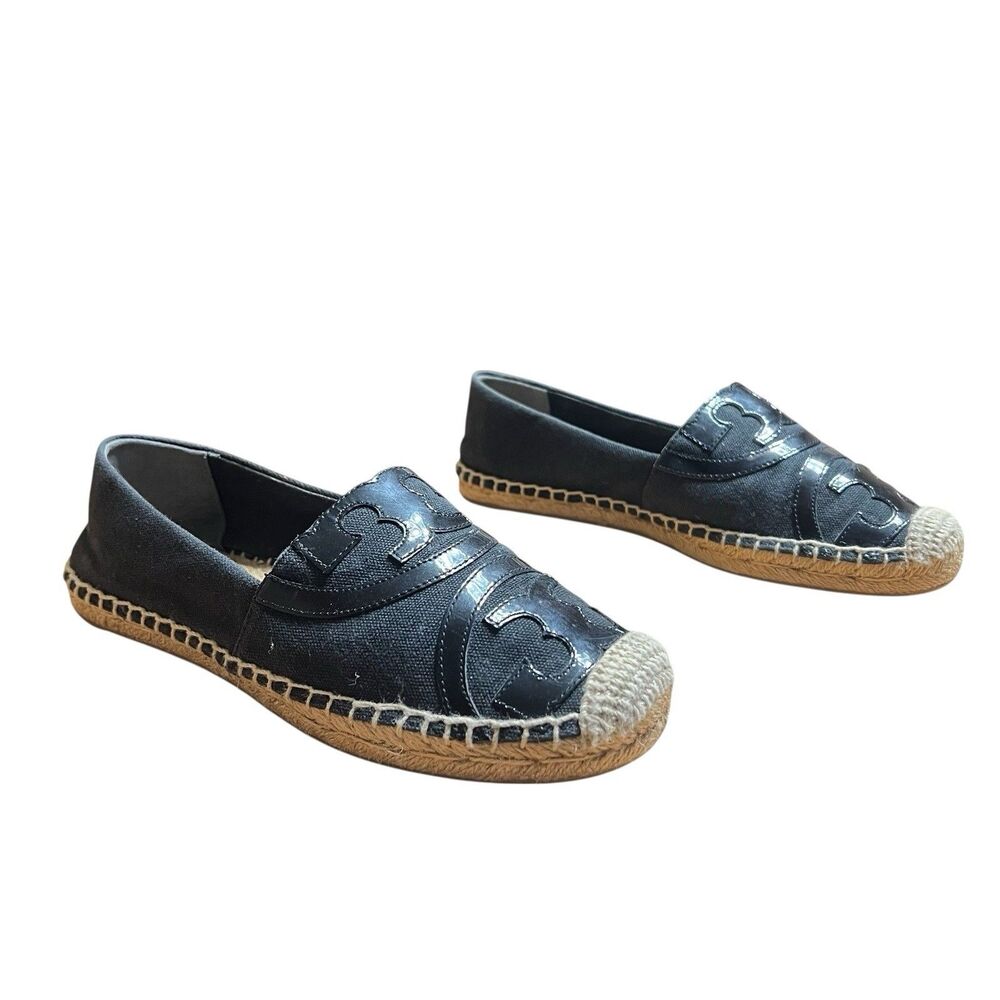 Tory Burch Black Leather Espadrille Flats with Natural Jute Trim